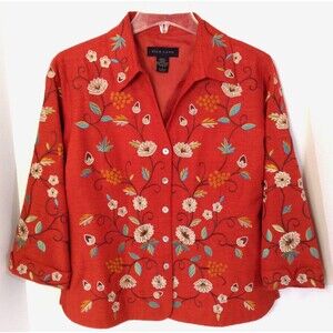 Vtg Silkland Shirt L Burnt Orange Floral 100% Silk Button Artsy Boho Fairy Y2K